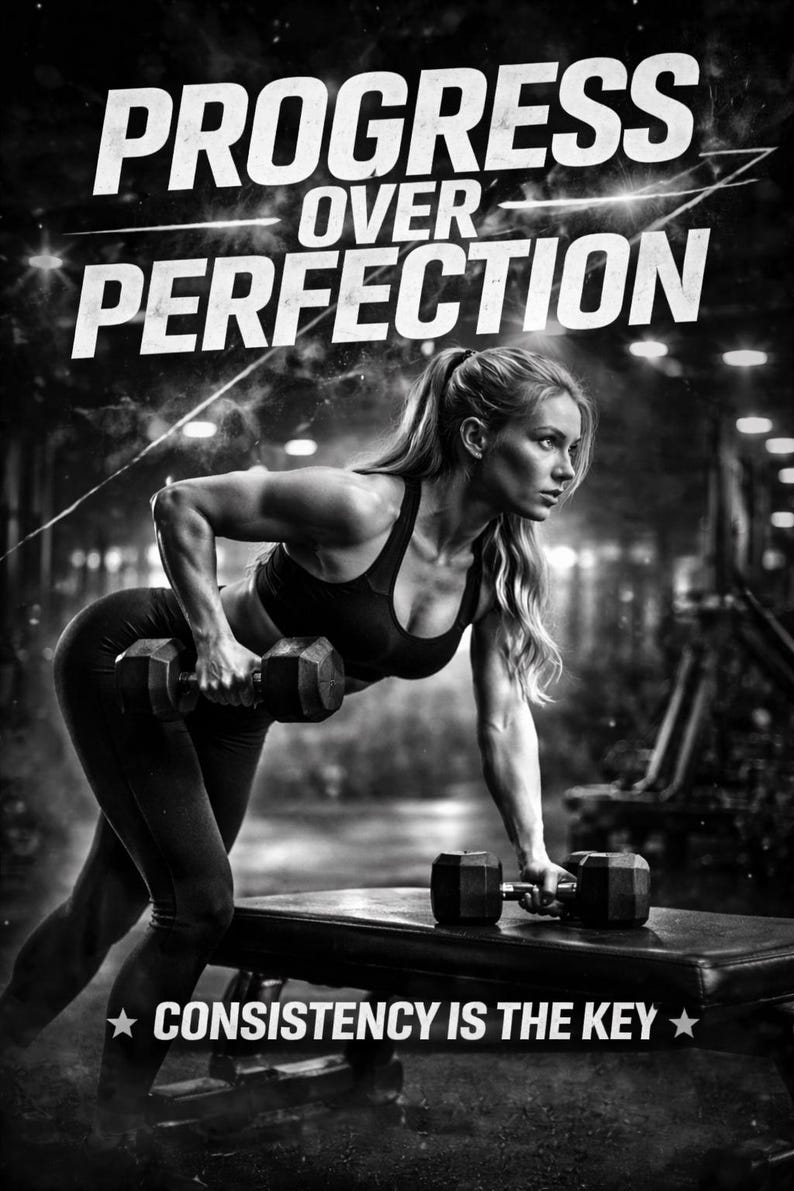Puede incluir: Imagen en blanco y negro de una mujer levantando pesas en un gimnasio. El texto "PROGRESS OVER PERFECTION" est&aacute; en la parte superior y "CONSISTENCY IS THE KEY" en la inferior. La mujer lleva ropa de entrenamiento.