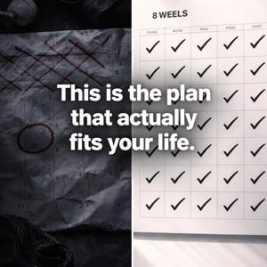 May include: A split image featuring a calendar and text. The calendar displays a weekly checklist with checkmarks. The text reads: "This is the plan that actually fits your life."