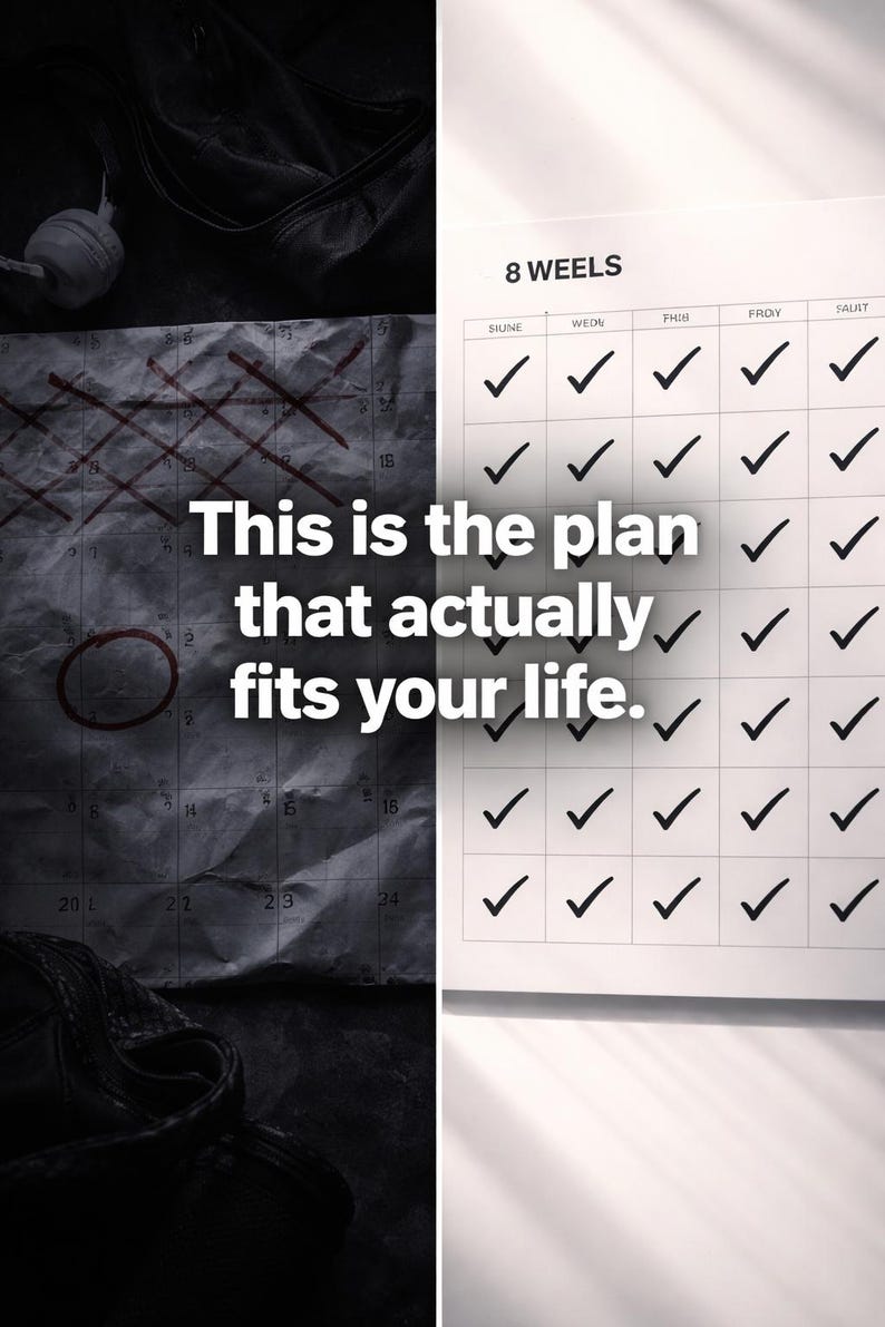May include: A split image featuring a calendar and text. The calendar displays a weekly checklist with checkmarks. The text reads: "This is the plan that actually fits your life."