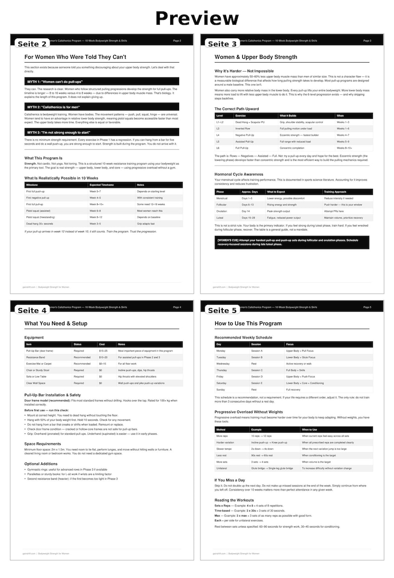 K&ouml;nnte beinhalten: Ein detailliertes Dokument mit dem Titel "Vorschau" mit Abschnitten &uuml;ber die Kraft des Oberk&ouml;rpers von Frauen, Trainingsprogramme und die Einrichtung von Ger&auml;ten. Die Seiten enthalten Text, Diagramme und Grafiken und bieten eine Anleitung f&uuml;r das Fitnesstraining.