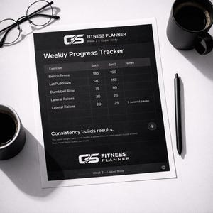 May include: A monochrome fitness planner with the text "FITNESS PLANNER" and "Weekly Progress Tracker." The planner details exercises, sets, and notes. A black pen, glasses, and two black mugs are also visible.