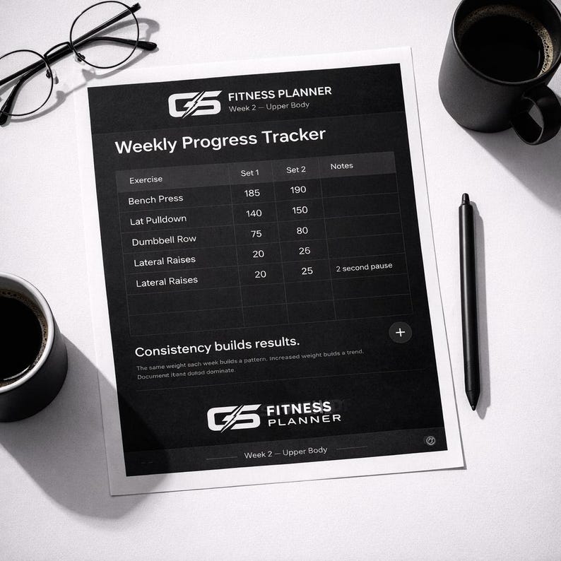 May include: A monochrome fitness planner with the text "FITNESS PLANNER" and "Weekly Progress Tracker." The planner details exercises, sets, and notes. A black pen, glasses, and two black mugs are also visible.
