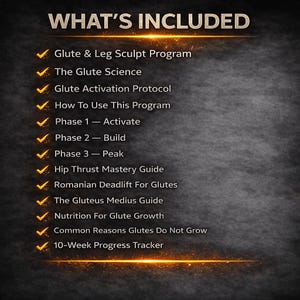 Op de afbeelding: Een donkergrijze afbeelding met de tekst "WHAT'S INCLUDED" bovenaan. Daaronder een lijst met items met vinkjes, waaronder een Glute & Leg Sculpt Program, Glute Science, Glute Activation Protocol en meer. De tekst is wit, met een gouden accent.
