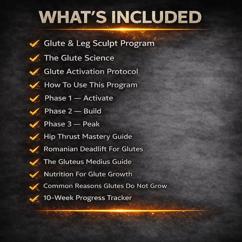 Op de afbeelding: Een donkergrijze afbeelding met de tekst "WHAT'S INCLUDED" bovenaan. Daaronder een lijst met items met vinkjes, waaronder een Glute & Leg Sculpt Program, Glute Science, Glute Activation Protocol en meer. De tekst is wit, met een gouden accent.