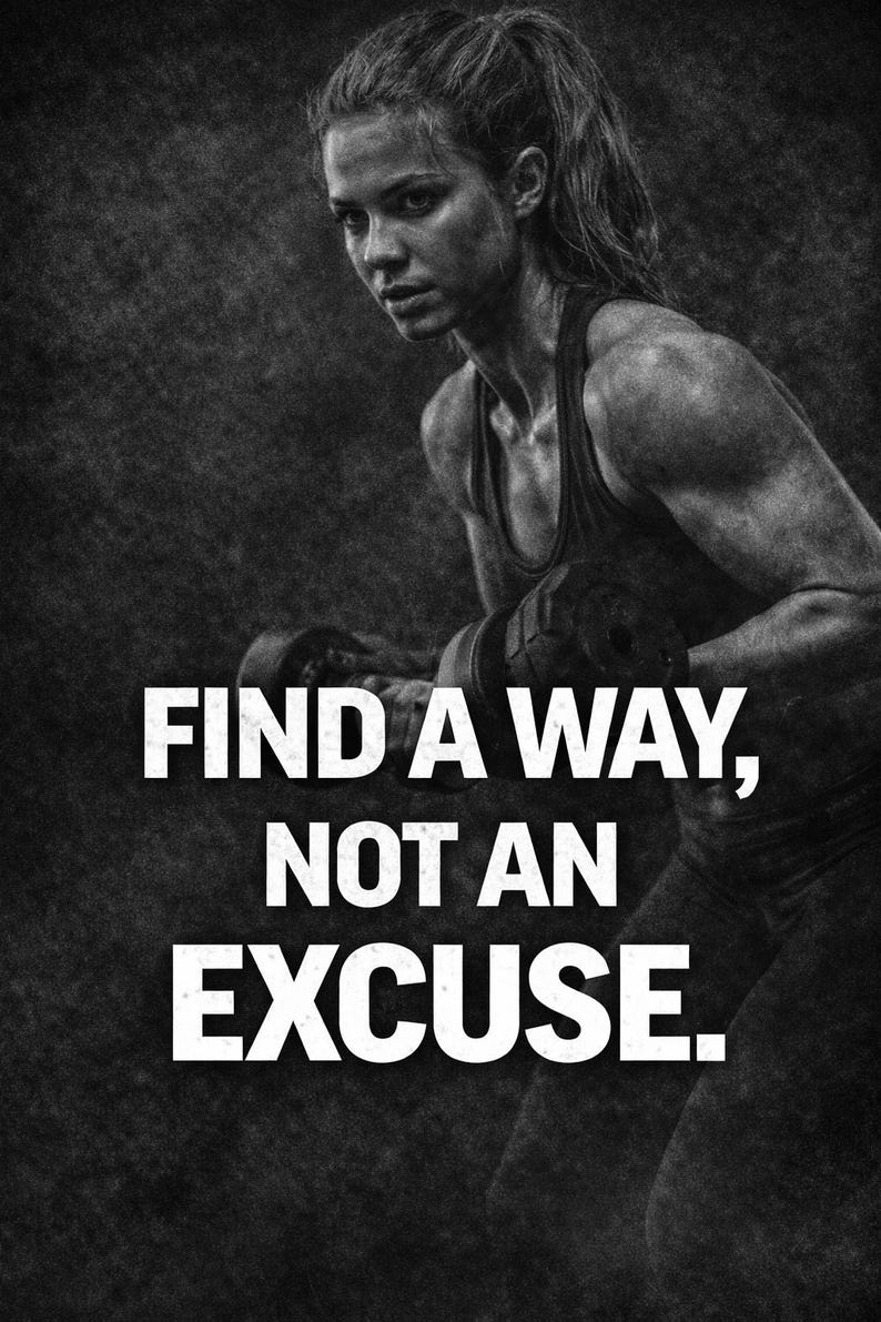 Peut inclure: Image en noir et blanc d'une femme en d&eacute;bardeur, avec le texte "FIND A WAY, NOT AN EXCUSE." La femme est muscl&eacute;e et semble s'entra&icirc;ner. L'image est &agrave; fort contraste et motivante.