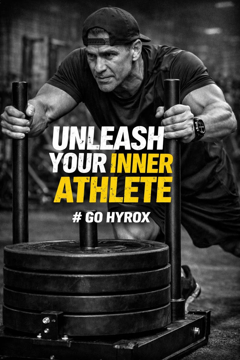 Może przedstawiać: Czarno-białe zdjęcie mężczyzny pchającego obciążone sanie. Tekst "UNLEASH YOUR INNER ATHLETE" jest wyświetlany w kolorze białym i ż&oacute;łtym. Widoczny jest r&oacute;wnież hashtag "# GO HYROX". Mężczyzna ma na sobie czapkę i odzież sportową.