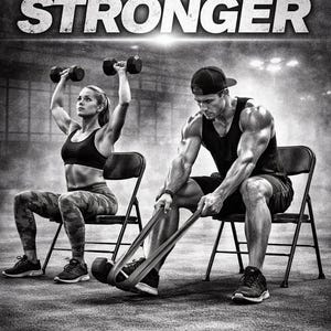May include: Monochrome image of two people exercising. A woman lifts dumbbells, seated on a chair. A man uses resistance bands. The text "COME BACK STRONGER" is displayed prominently at the top of the image.