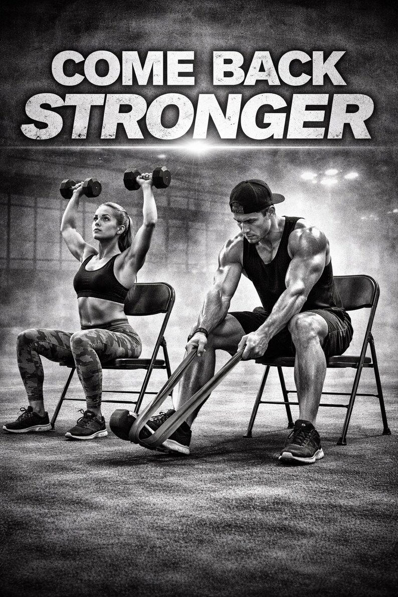May include: Monochrome image of two people exercising. A woman lifts dumbbells, seated on a chair. A man uses resistance bands. The text "COME BACK STRONGER" is displayed prominently at the top of the image.