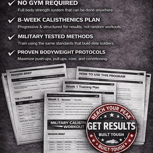 K&ouml;nnte beinhalten: Werbung f&uuml;r ein Fitnessprogramm mit der &Uuml;berschrift &bdquo;WARUM DIES KAUFEN?&ldquo; und Vorteilen wie einem 8-Wochen-Plan und milit&auml;risch erprobten Methoden. Enth&auml;lt Trainingsdokumente und ein &bdquo;REACH YOUR PEAK&ldquo;-Abzeichen.