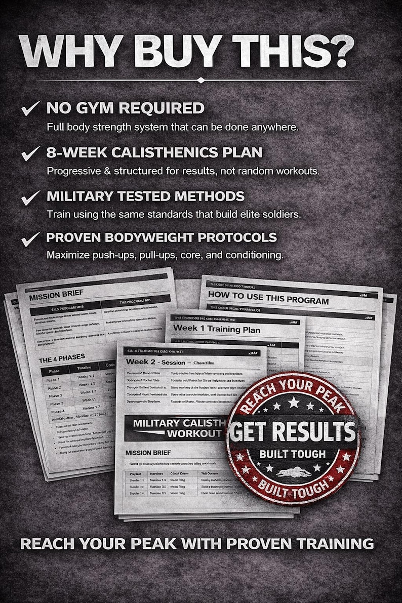 K&ouml;nnte beinhalten: Werbung f&uuml;r ein Fitnessprogramm mit der &Uuml;berschrift &bdquo;WARUM DIES KAUFEN?&ldquo; und Vorteilen wie einem 8-Wochen-Plan und milit&auml;risch erprobten Methoden. Enth&auml;lt Trainingsdokumente und ein &bdquo;REACH YOUR PEAK&ldquo;-Abzeichen.