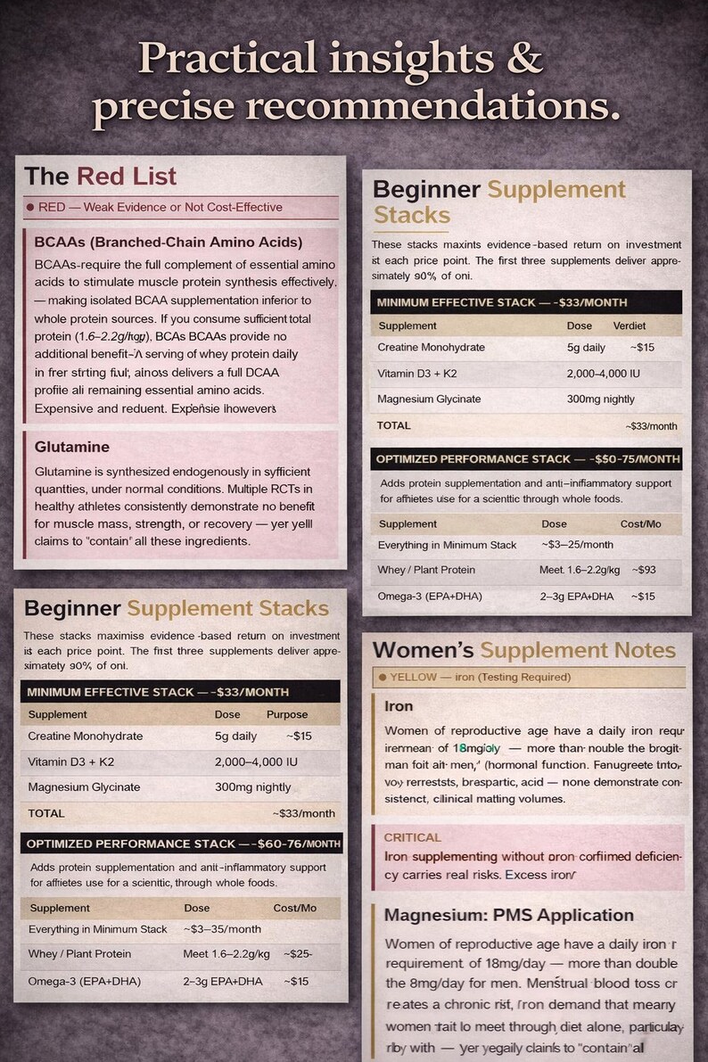 May include: Informational graphic with text about supplements, including BCAAs, Glutamine, and Omega-3. The text is organized into sections like "The Red List" and "Beginner Supplement Stacks", with recommendations and dosages.