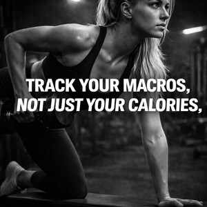 May include: Black and white image of a woman working out with a dumbbell. Text reads: "TRACK YOUR MACROS, NOT JUST YOUR CALORIES," with the Gainshift logo at the bottom. The woman is kneeling on a bench, focused on her workout.