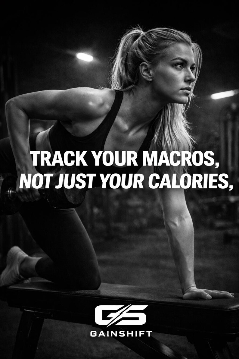 May include: Black and white image of a woman working out with a dumbbell. Text reads: "TRACK YOUR MACROS, NOT JUST YOUR CALORIES," with the Gainshift logo at the bottom. The woman is kneeling on a bench, focused on her workout.