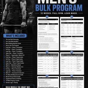 Puede incluir: Una gu&iacute;a de programa de fitness titulada "MEN'S BULK PROGRAM" con un hombre musculoso levantando pesas. La gu&iacute;a incluye un plan de gimnasio completo de 12 semanas para masa magra, con secciones sobre nutrici&oacute;n, ejercicios y seguimiento del progreso.