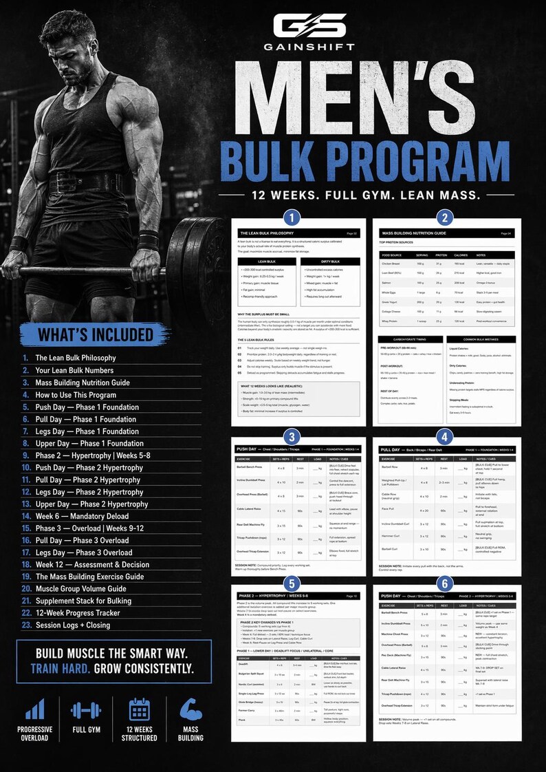 Puede incluir: Una gu&iacute;a de programa de fitness titulada "MEN'S BULK PROGRAM" con un hombre musculoso levantando pesas. La gu&iacute;a incluye un plan de gimnasio completo de 12 semanas para masa magra, con secciones sobre nutrici&oacute;n, ejercicios y seguimiento del progreso.