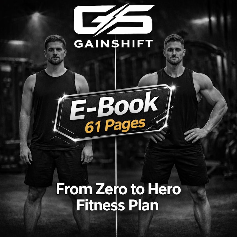 Puede incluir: Imagen promocional del plan de fitness en libro electr&oacute;nico de Gainshift. La imagen presenta a dos hombres con ropa deportiva, con el t&iacute;tulo del libro electr&oacute;nico y el recuento de p&aacute;ginas en un lugar destacado. Tambi&eacute;n se incluye el texto "From Zero to Hero Fitness Plan".