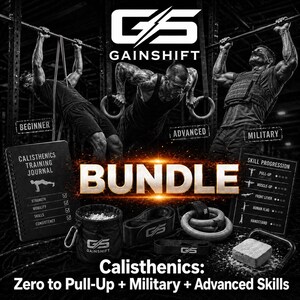 Peut inclure: Image en noir et blanc promouvant un pack de calisthénie. L'image présente des hommes faisant des exercices, du matériel d'entraînement et un journal d'entraînement. Le texte comprend "BEGINNER", "ADVANCED", "MILITARY", "BUNDLE" et "Calisthenics: Zero to Pull-Up + Military + Advanced Skills".