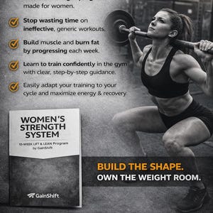 May include: An advert for a 10-week strength program. A woman is lifting weights in a gym. The program promises to transform the body, build muscle, and burn fat. The book cover reads "WOMEN'S STRENGTH SYSTEM".