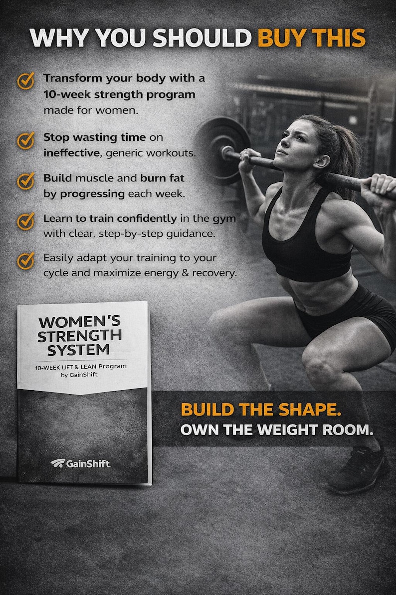 May include: An advert for a 10-week strength program. A woman is lifting weights in a gym. The program promises to transform the body, build muscle, and burn fat. The book cover reads "WOMEN'S STRENGTH SYSTEM".