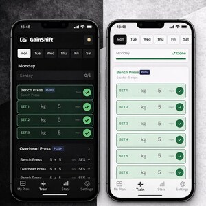 May include: Two smartphones showing the GainShift app in dark and light modes. The app displays workout details, including sets, reps, and weight in kilograms. The text "AVAILABLE IN DARK & LIGHT MODE" is at the top.