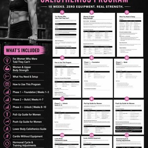 K&ouml;nnte beinhalten: Ein Fitness-Programm-Leitfaden mit dem Titel "Women's Calisthenics Program" mit einer Frau, die ein Training demonstriert. Der Leitfaden enth&auml;lt Abschnitte &uuml;ber K&ouml;rperkraft, Einrichtung und einen 10-Wochen-Fortschritts-Tracker. Das Programm konzentriert sich auf keine Ausr&uuml;stung.