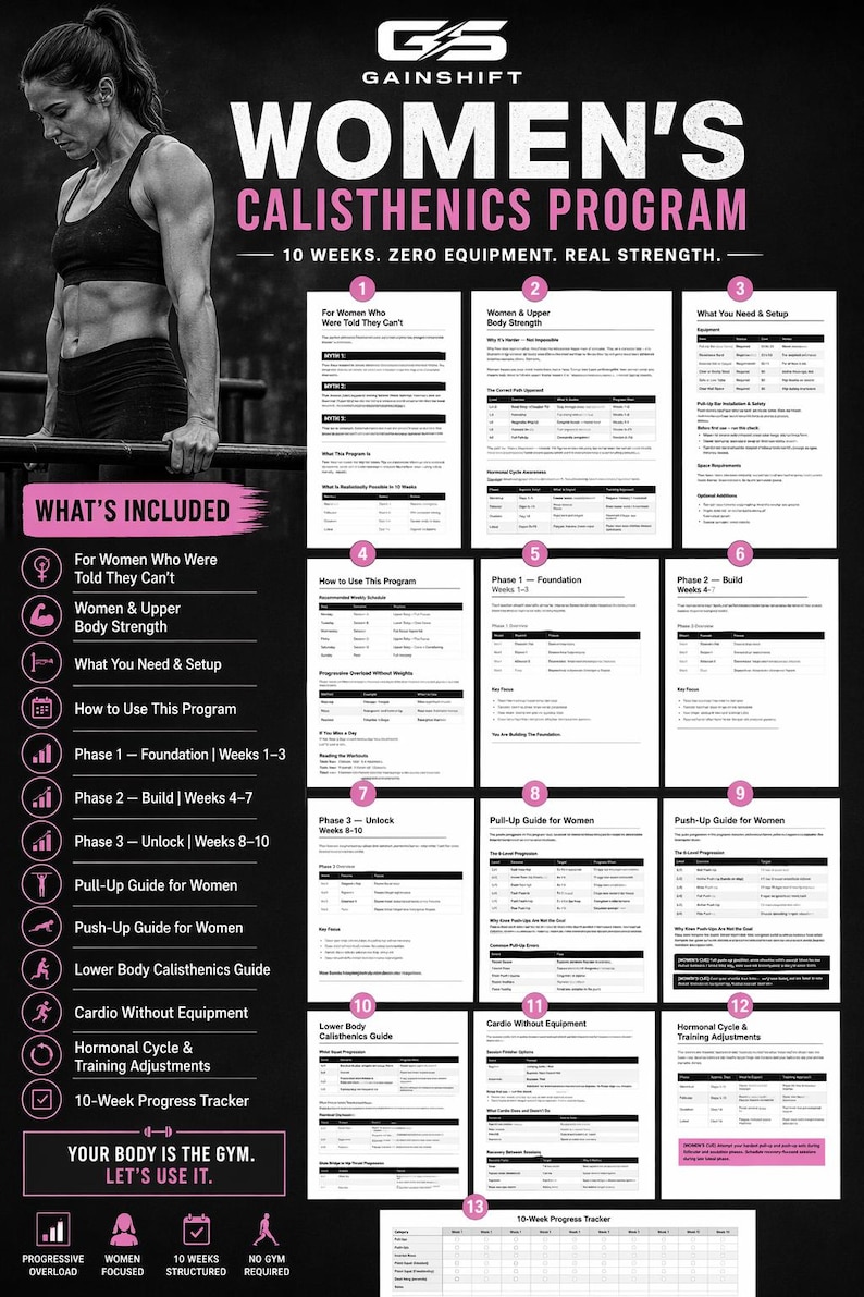 K&ouml;nnte beinhalten: Ein Fitness-Programm-Leitfaden mit dem Titel "Women's Calisthenics Program" mit einer Frau, die ein Training demonstriert. Der Leitfaden enth&auml;lt Abschnitte &uuml;ber K&ouml;rperkraft, Einrichtung und einen 10-Wochen-Fortschritts-Tracker. Das Programm konzentriert sich auf keine Ausr&uuml;stung.