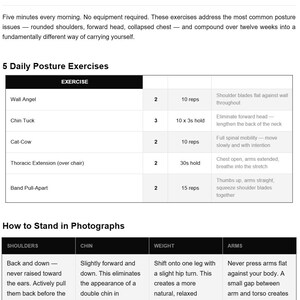 May include: A white and black guide titled "Dress-Day Posture Guide" with instructions for posture exercises and standing in photographs. The guide includes exercises like Wall Angel and Chin Tuck, with details on reps and holds.