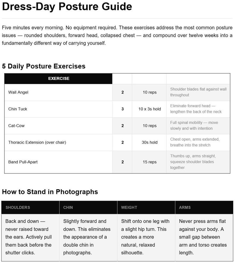 May include: A white and black guide titled "Dress-Day Posture Guide" with instructions for posture exercises and standing in photographs. The guide includes exercises like Wall Angel and Chin Tuck, with details on reps and holds.