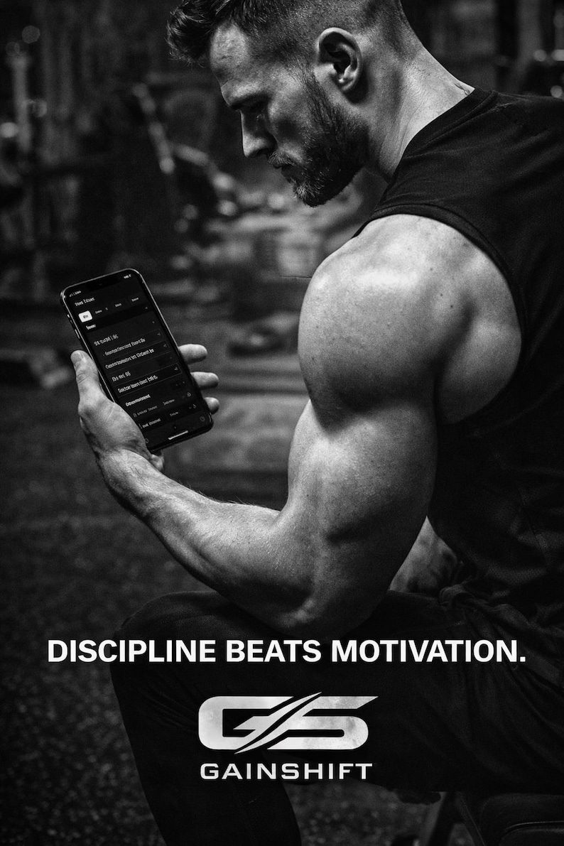 May include: Monochrome image of a person using a smartphone, likely a fitness app. The text "DISCIPLINE BEATS MOTIVATION" and the Gainshift logo are visible. The image has a fitness and training theme.