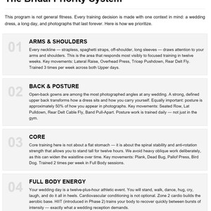 May include: A white infographic titled "The Bridal Priority System" outlines a fitness program for a wedding day. It details exercises for arms, shoulders, back, posture, core, and full-body energy, with key movements and training frequency.