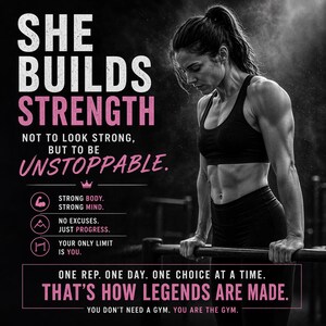 K&ouml;nnte beinhalten: Schwarz-wei&szlig; Motivationsposter mit einer Frau in Sportkleidung. Text in Wei&szlig; und Pink lautet "She Builds Strength" und "That's How Legends Are Made". Das Bild f&ouml;rdert Fitness und Selbstverbesserung.