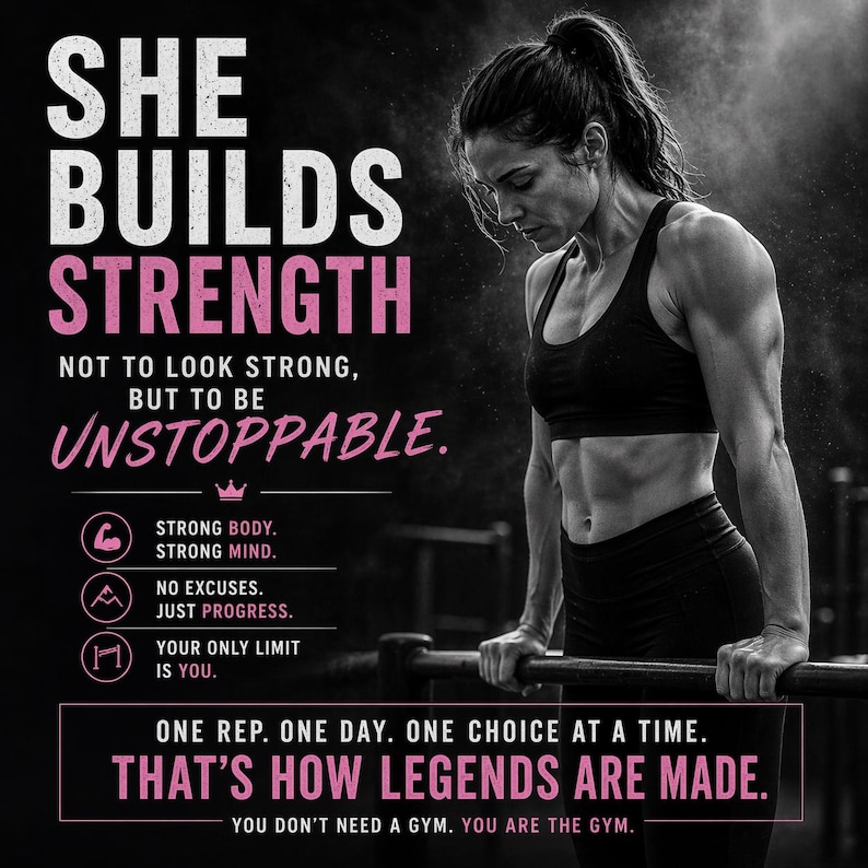 K&ouml;nnte beinhalten: Schwarz-wei&szlig; Motivationsposter mit einer Frau in Sportkleidung. Text in Wei&szlig; und Pink lautet "She Builds Strength" und "That's How Legends Are Made". Das Bild f&ouml;rdert Fitness und Selbstverbesserung.