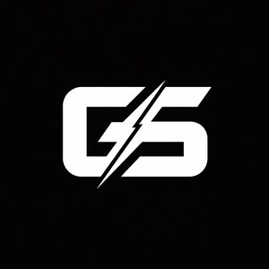K&ouml;nnte beinhalten: Wei&szlig;es stilisiertes Logo auf schwarzem Hintergrund. Das Logo zeigt die Buchstaben "G" und "S" in einer fetten, serifenlosen Schrift, mit einem Blitz, der diagonal durch die Buchstaben schneidet. Das Design ist modern und grafisch.