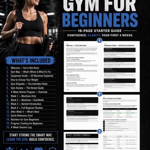 K&ouml;nnte beinhalten: Ein Fitness-Ratgeber mit dem Titel "Gym for Beginners" mit einer Frau, die eine Wasserflasche h&auml;lt. Der Ratgeber enth&auml;lt einen 16-seitigen Starter-Guide mit Themen wie Ausr&uuml;stung, Gewichtsauswahl und einem 4-Wochen-Programm. Der Text enth&auml;lt auch "Start Strong the Smart Way."