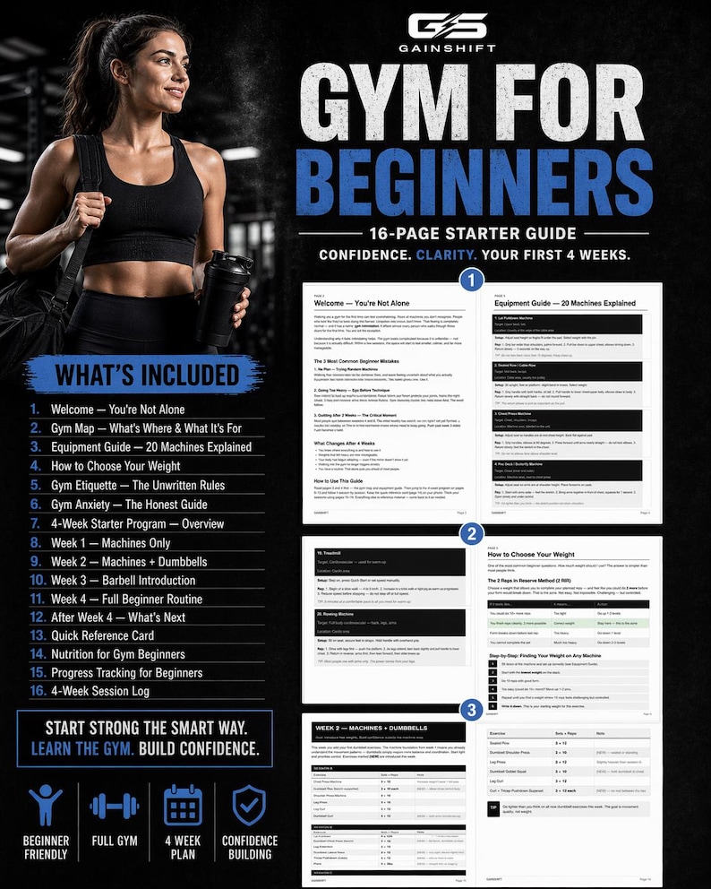 K&ouml;nnte beinhalten: Ein Fitness-Ratgeber mit dem Titel "Gym for Beginners" mit einer Frau, die eine Wasserflasche h&auml;lt. Der Ratgeber enth&auml;lt einen 16-seitigen Starter-Guide mit Themen wie Ausr&uuml;stung, Gewichtsauswahl und einem 4-Wochen-Programm. Der Text enth&auml;lt auch "Start Strong the Smart Way."