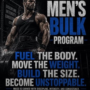 Puede incluir: Anuncio de fitness con una persona musculosa en una camiseta sin mangas negra. El texto dice "MEN'S BULK PROGRAM" y "FUEL THE BODY. MOVE THE WEIGHT. BUILD THE SIZE. BECOME UNSTOPPABLE." Una barra pesa 20,4 kg.