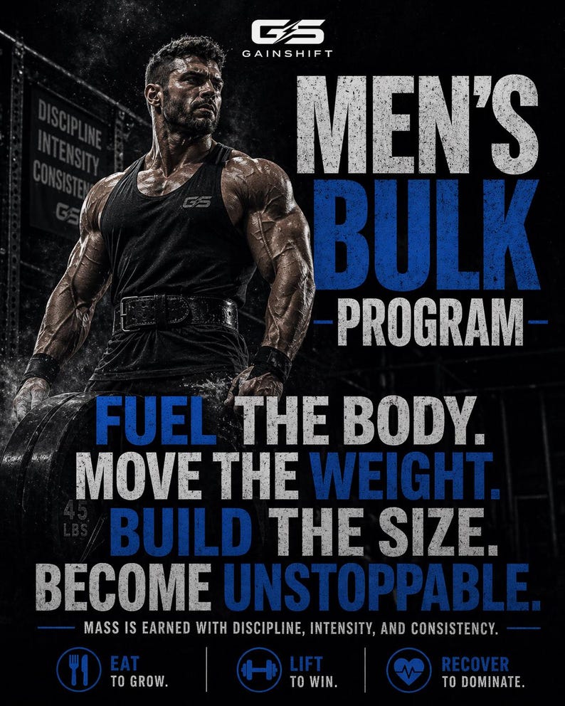 Puede incluir: Anuncio de fitness con una persona musculosa en una camiseta sin mangas negra. El texto dice "MEN'S BULK PROGRAM" y "FUEL THE BODY. MOVE THE WEIGHT. BUILD THE SIZE. BECOME UNSTOPPABLE." Una barra pesa 20,4 kg.