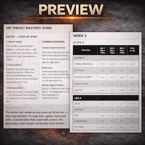 Op de afbeelding: Een fitnessgids getiteld "HIP THRUST MASTERY GUIDE" met trainingsinstructies. De gids bevat stapsgewijze instructies, veelvoorkomende fouten en een week 2 trainingsplan. De tekst is in zwart en wit.