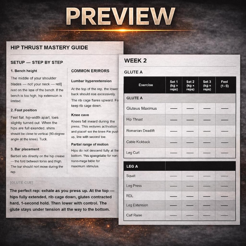 Op de afbeelding: Een fitnessgids getiteld "HIP THRUST MASTERY GUIDE" met trainingsinstructies. De gids bevat stapsgewijze instructies, veelvoorkomende fouten en een week 2 trainingsplan. De tekst is in zwart en wit.