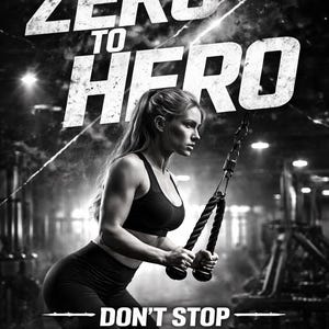 Puede incluir: Imagen en blanco y negro de una mujer haciendo ejercicio en un gimnasio. El texto "FROM ZERO TO HERO" est&aacute; en la parte superior y "DON'T STOP UNTIL YOU'RE PROUD" en la inferior. Est&aacute; usando una m&aacute;quina de cable.