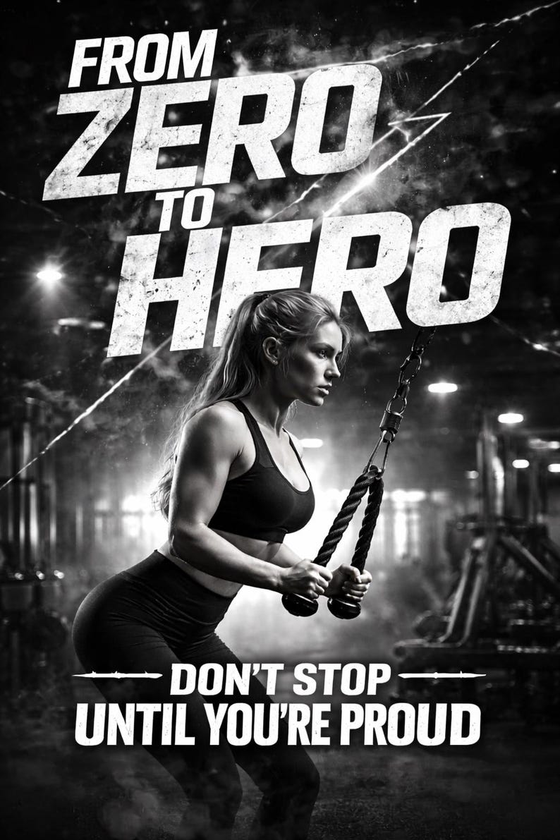 Puede incluir: Imagen en blanco y negro de una mujer haciendo ejercicio en un gimnasio. El texto "FROM ZERO TO HERO" est&aacute; en la parte superior y "DON'T STOP UNTIL YOU'RE PROUD" en la inferior. Est&aacute; usando una m&aacute;quina de cable.