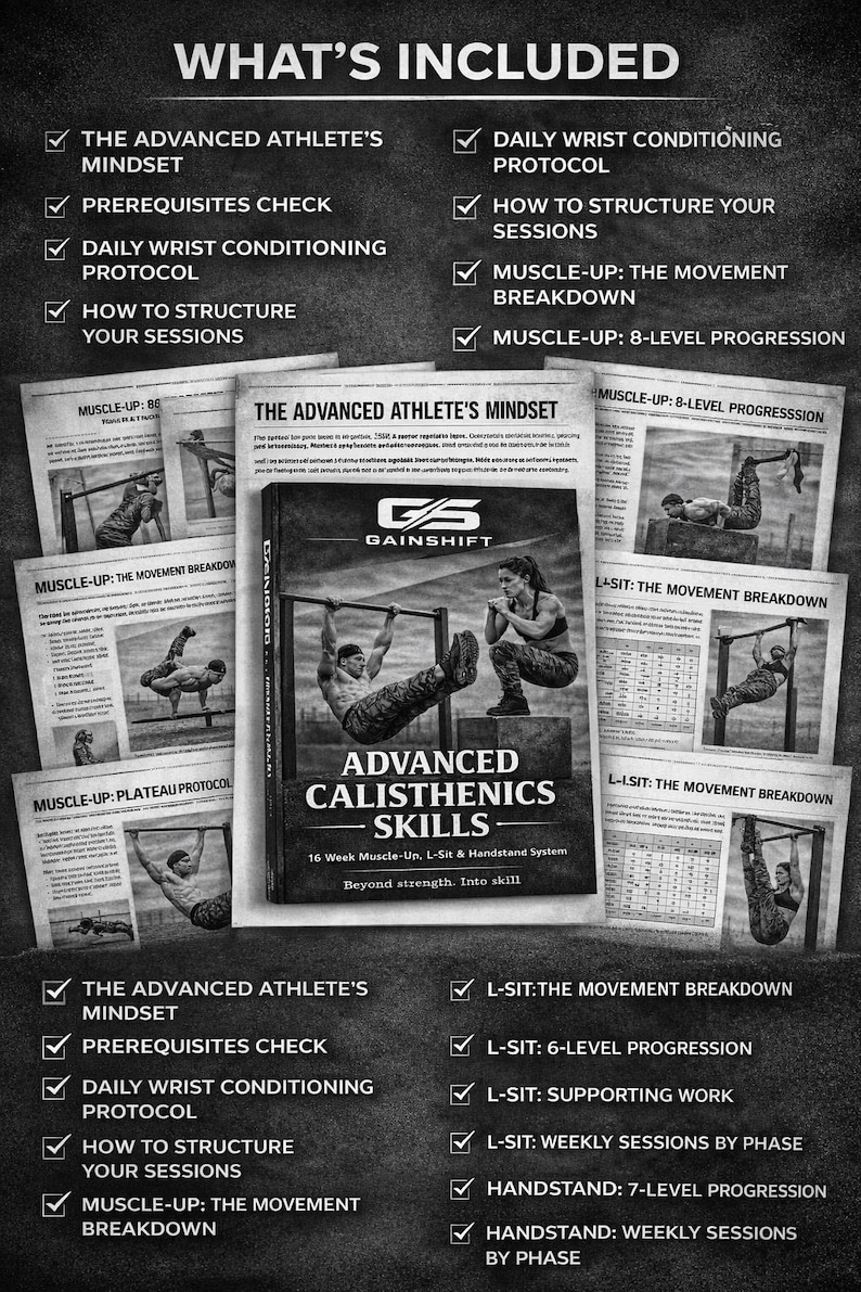 May include: Black and white image of a calisthenics training guide titled "Advanced Calisthenics Skills." The guide includes information on muscle-ups, L-sits, and handstands. Additional pages detail training protocols and progressions.