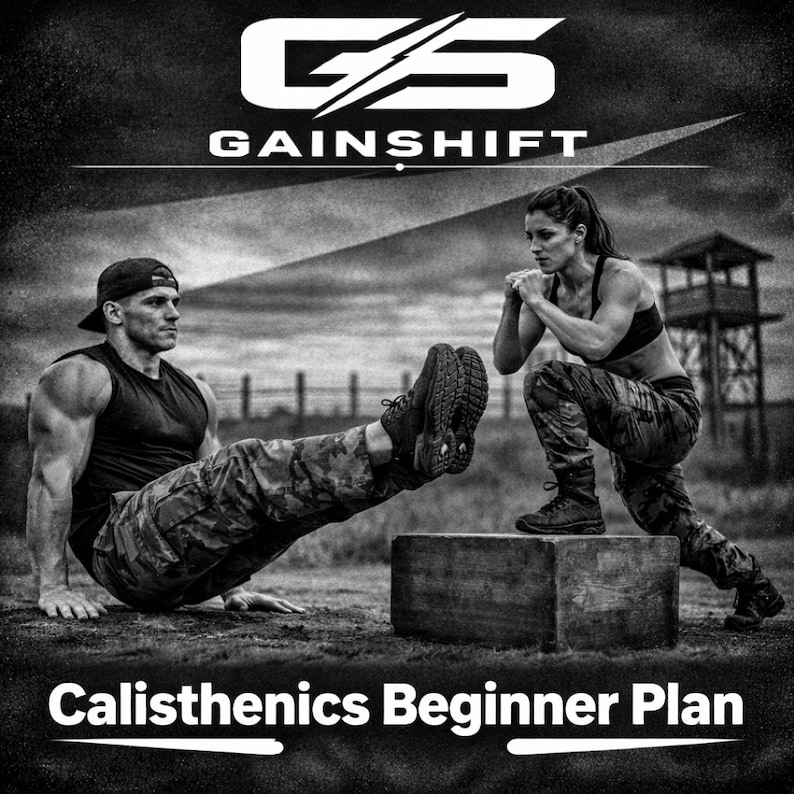 以下が含まれることがあります： 2人の人が懸垂運動をしている白黒画像です。「Gainshift」の文字が上部にあり、「Calisthenics Beginner Plan」の文字が下部にあります。一人はレッグレイズをしており、もう一人はスクワットの姿勢をとっています。
