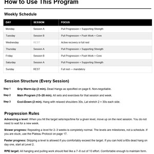 以下が含まれることがあります： 「How to Use This Program」というタイトルの白黒ドキュメント。週ごとのスケジュール、セッション構造、進行ルールが記載されています。スケジュールには毎日のセッションと重点分野がリストされています。このドキュメントは、フィットネスプログラムの手順を提供しています。