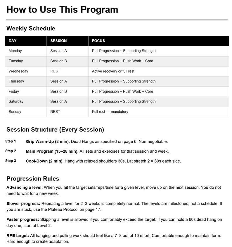 以下が含まれることがあります： 「How to Use This Program」というタイトルの白黒ドキュメント。週ごとのスケジュール、セッション構造、進行ルールが記載されています。スケジュールには毎日のセッションと重点分野がリストされています。このドキュメントは、フィットネスプログラムの手順を提供しています。