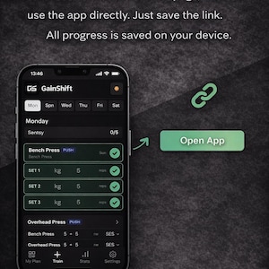 May include: A smartphone screen displays the GainShift app interface, showcasing workout details. The app shows a bench press exercise with sets of 5 kg. The text "INSTANT DOWNLOAD" is at the top. An "Open App" button is visible.