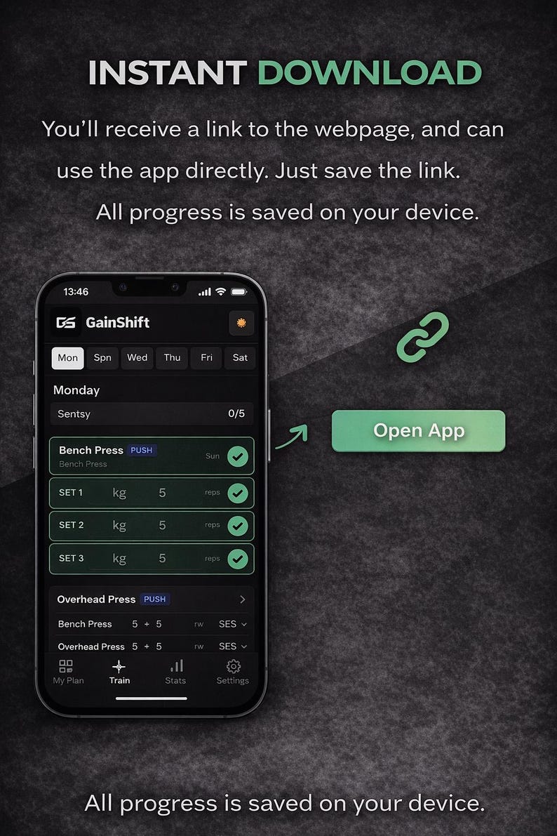 May include: A smartphone screen displays the GainShift app interface, showcasing workout details. The app shows a bench press exercise with sets of 5 kg. The text "INSTANT DOWNLOAD" is at the top. An "Open App" button is visible.