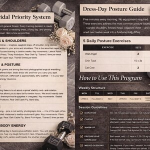 May include: A fitness guide titled "The Bridal Priority System" and "Dress-Day Posture Guide" with exercises for arms, shoulders, back, posture, and core. Includes dumbbells, floral accents, and text.