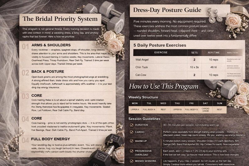 May include: A fitness guide titled "The Bridal Priority System" and "Dress-Day Posture Guide" with exercises for arms, shoulders, back, posture, and core. Includes dumbbells, floral accents, and text.