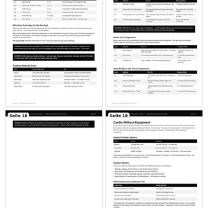 K&ouml;nnte beinhalten: Ein schwarz-wei&szlig;es Dokument mit Text und Tabellen, das Trainingsanleitungen f&uuml;r Frauen detailliert, einschlie&szlig;lich Liegest&uuml;tz-Progressionen, Unterk&ouml;rper-Calisthenics und Cardio-&Uuml;bungen. Das Dokument tr&auml;gt den Titel "Vorschau".